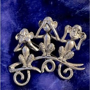 Vintage Monkeys speak no evil see no evil Hear no evil Brooch sitting on limb.